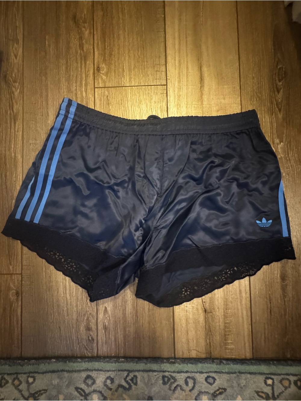 adidas x asos Navy Satin Shorts with Blue Three-Stripes and Lace Trim - Picture 3 of 6